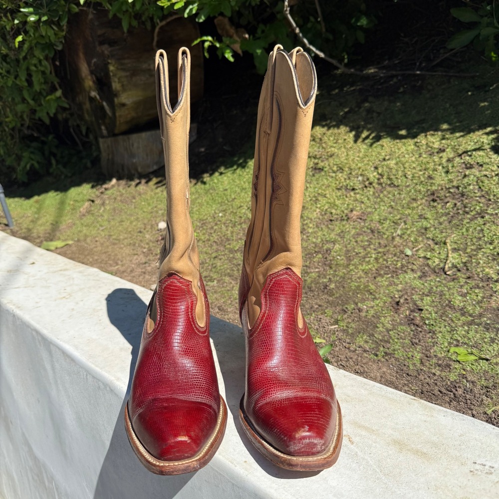 Frye Vintage Red Lizard Embossed Leather Western Cowboy Boots 9 B 1J01075 USA - Picture 2 of 11